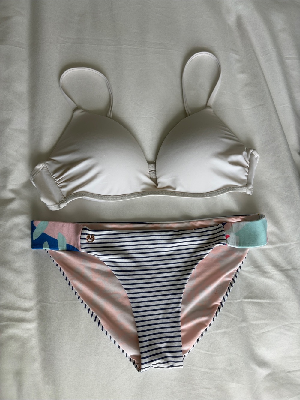 White Padded Bikini Top with Striped & Pastel Reversible Bikini Bottoms